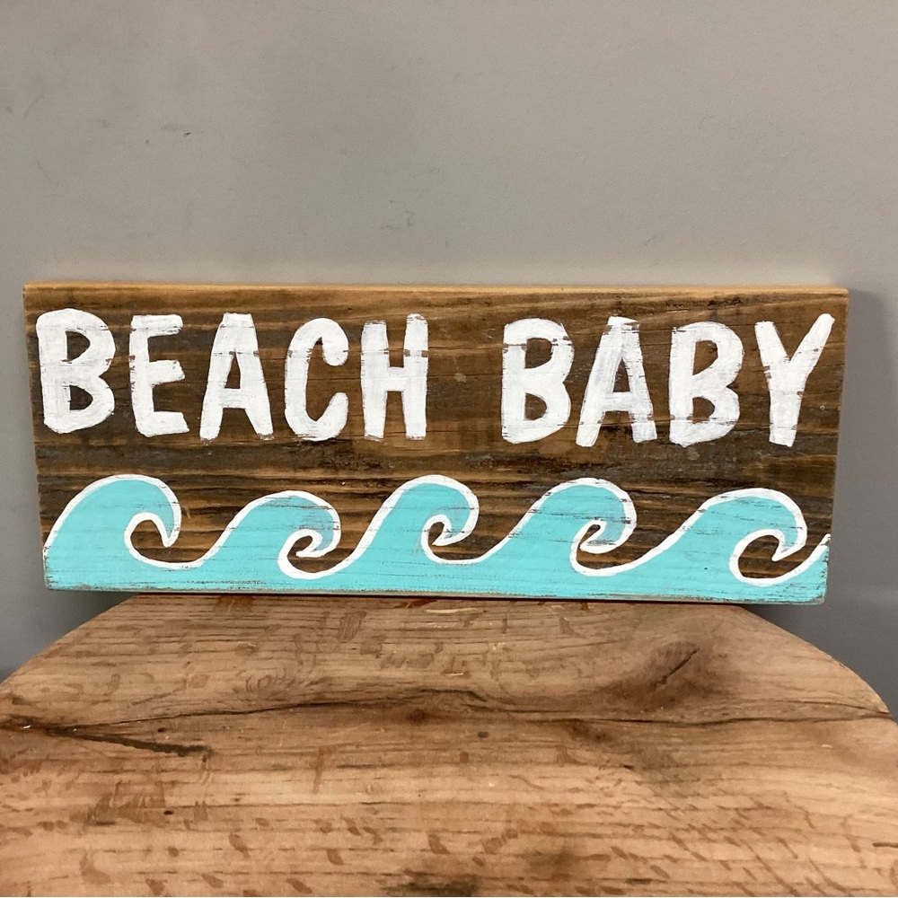 🔵 Vintage Hand Painted “Beach Baby” Solid Wood Crafted Sign - Unique